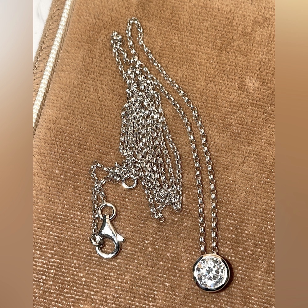 Solid 14K White Gold Natural Diamond 1/2CT + Solitaire Round Bezel Necklace